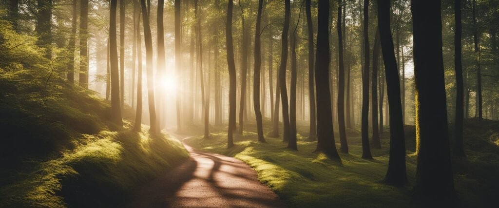 A path through a forest, symbolizing a journey toward a greater purpose.