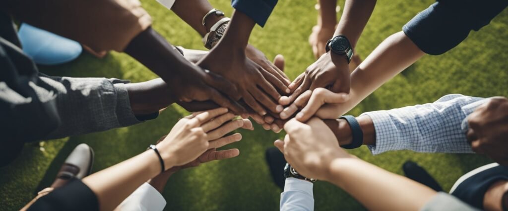 People holding hands in a circle, symbolizing unity, love, and connection.