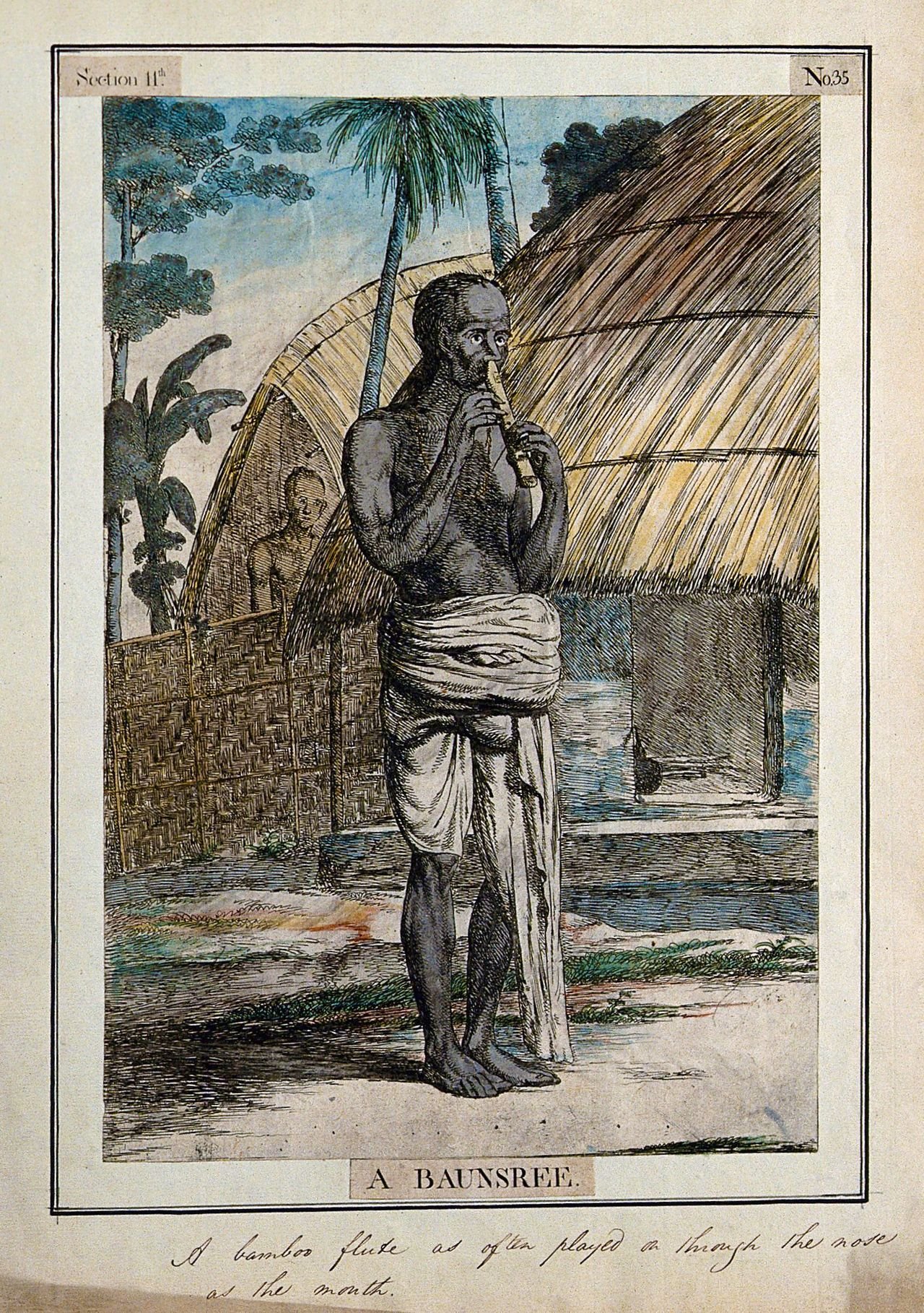Historic illustration of a baunsree or bansuri flute player by Francois Balthazar Solvyns, 1799