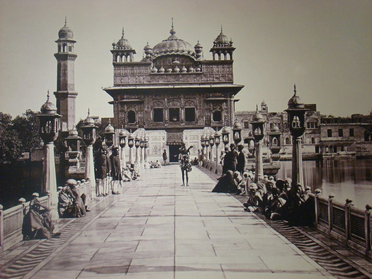 Historic photograph of the walkway and entrance to the Golden Temple in Amritsar, around 1870