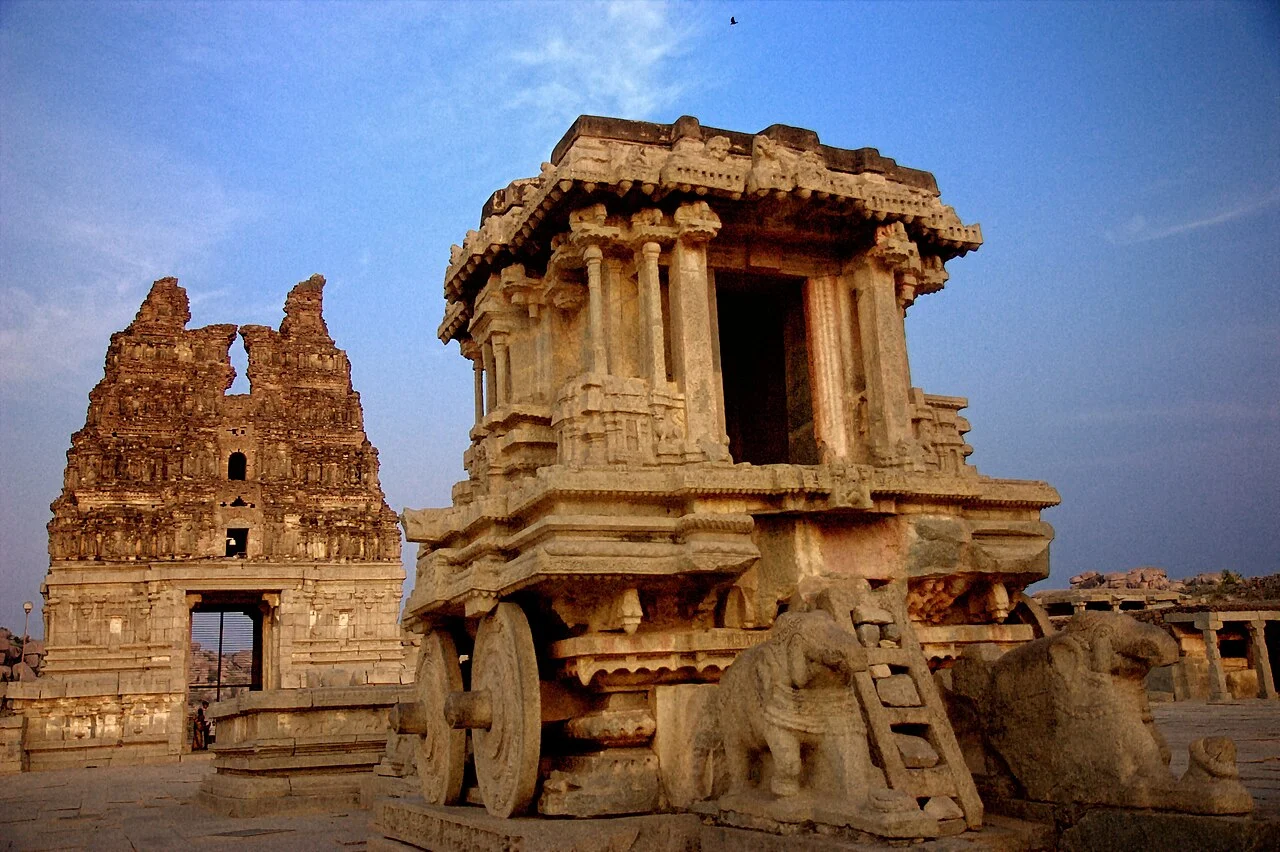 The stone chariot shrine in the courtyard of the Vittala Temple complex at Hampi, Karnataka