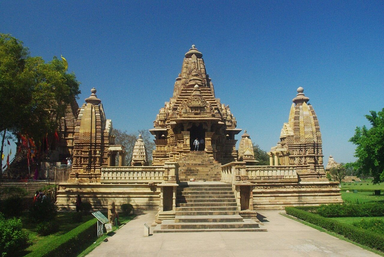 Lakshman temple in the Western Group at Khajuraho showing its raised platform and layered spires