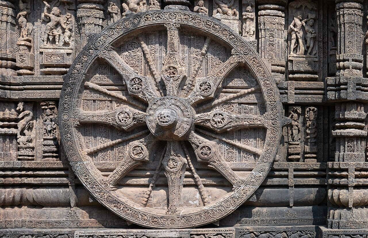 One of the 24 carved stone chariot wheels of the Konark Sun Temple with its spokes and medallions
