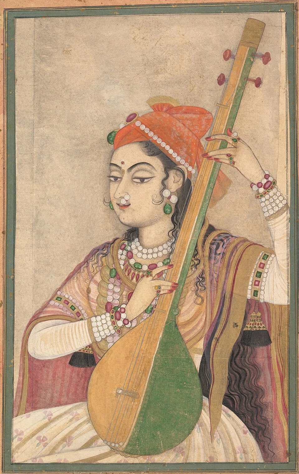 Painting of a court lady plucking a tanpura, the drone instrument that accompanies Indian classical music (Kishangarh, c. 1735)