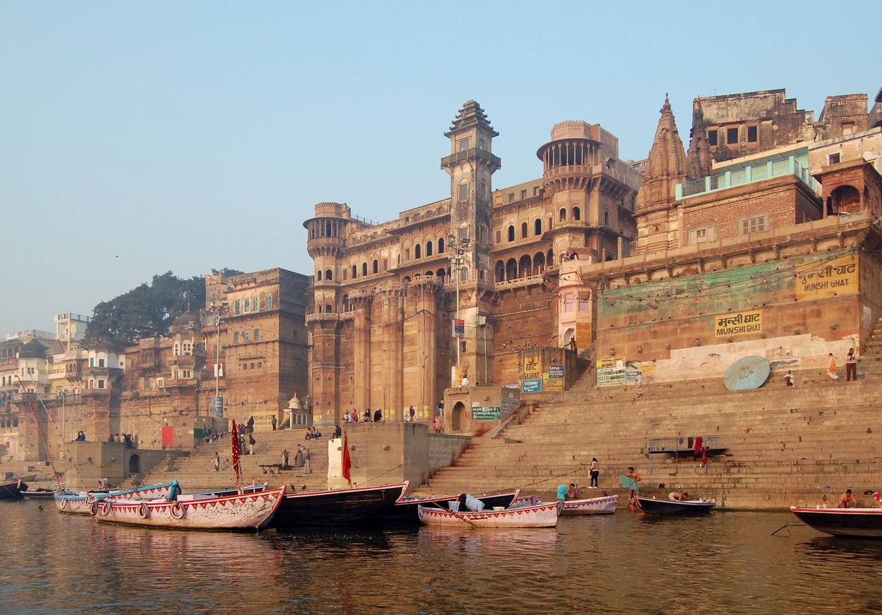 Munshi Ghat in Varanasi with its palace buildings rising above the river