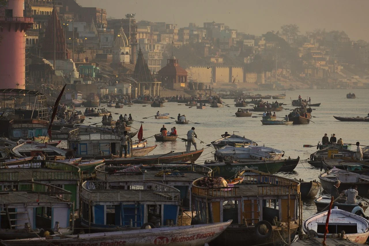 Scindia Ghat in Varanasi in the morning with its temples at the water's edge
